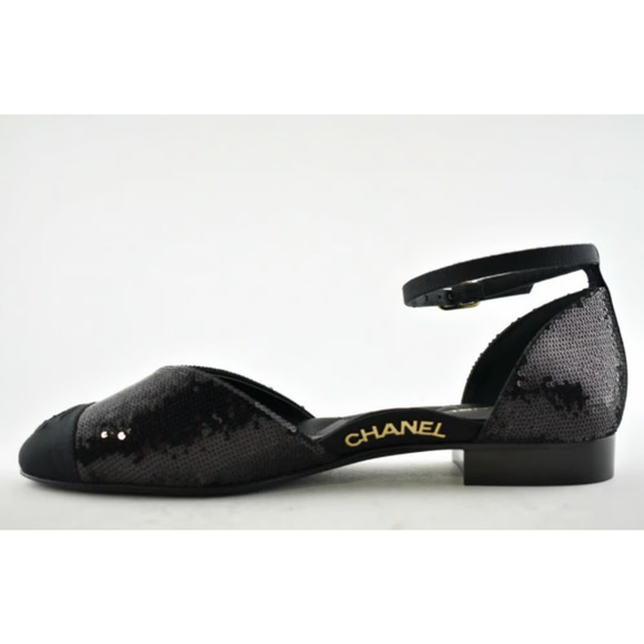 Chanel 20S Black Sequin CC Logo Mary Jane Ankle Strap Ballet Ballerina Flat 38 - Picture 8 of 12